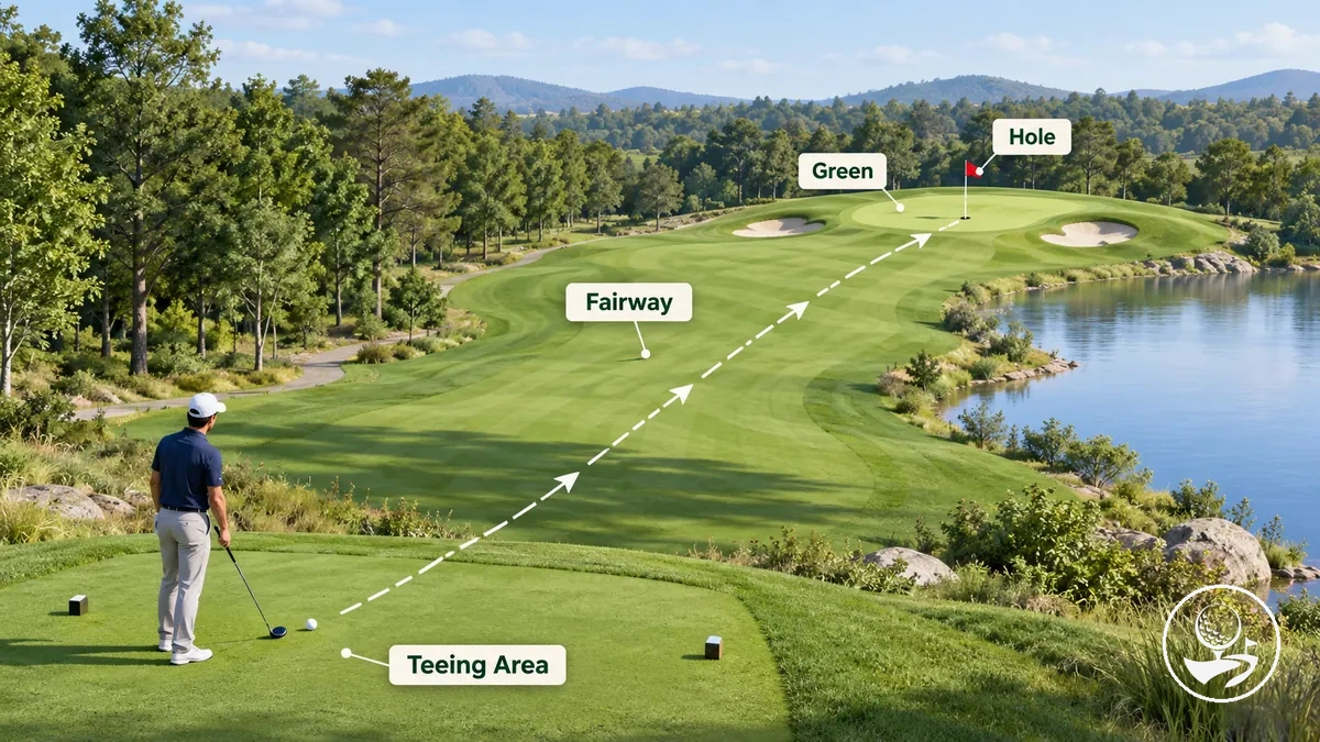 Diagrama mostrando o jogo da área de saída ao longo da fairway até o green e o buraco