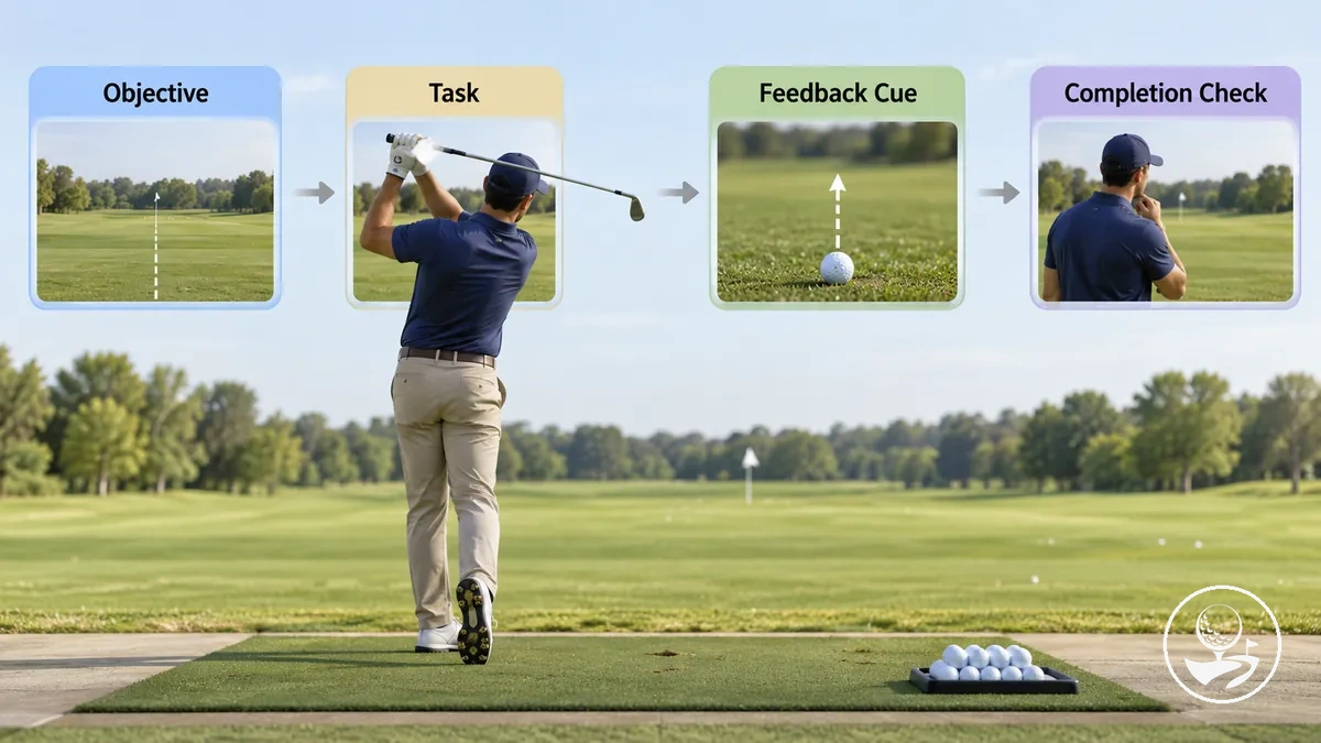 Bloco de prática de golfe para iniciantes anotado com um objetivo, tarefa, dica de feedback e verificação de conclusão.