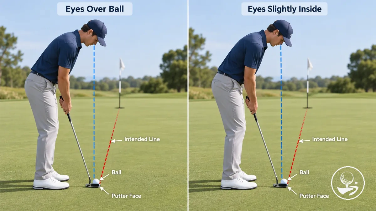 Diagrama da posição dos olhos no putt: sobre a bola ou ligeiramente mais próximos do golfista.
