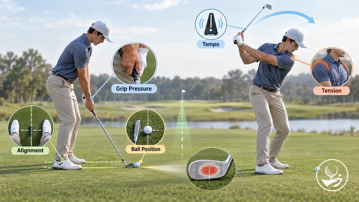 Golfista iniciante verificando a preparação antes de realizar um swing