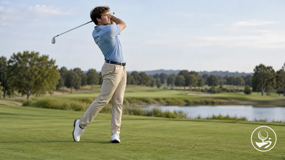 Golfista iniciante finalizando um swing completo em uma posição equilibrada de follow-through.