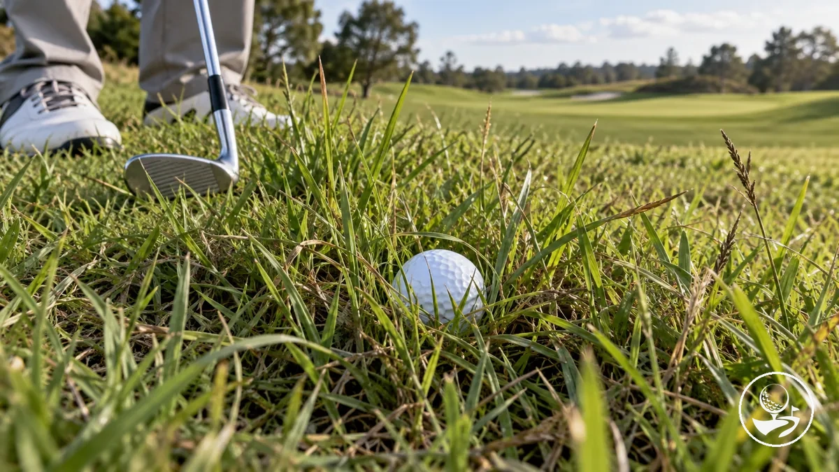 Bola de golfe em uma posição difícil para ilustrar o princípio de jogar a bola como ela jaz