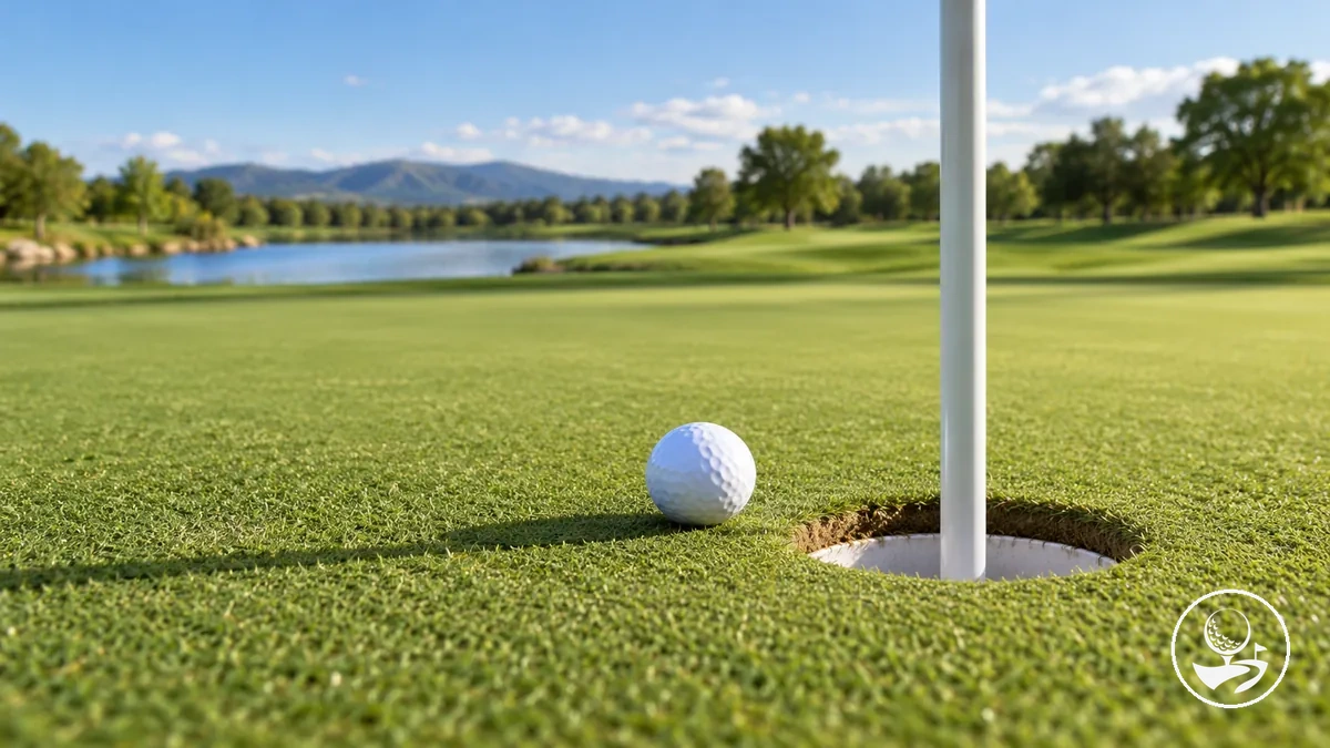 Bola de golfe ao lado do buraco e do mastro da bandeira em um green de putting