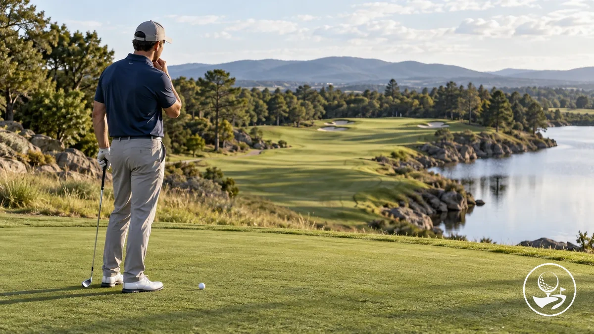 Golfista iniciante avaliando um alvo e a escolha do taco para a gestão do campo