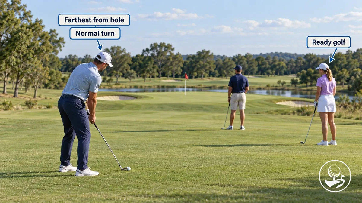 Ordem de jogo e ready golf ilustrados para golfistas iniciantes