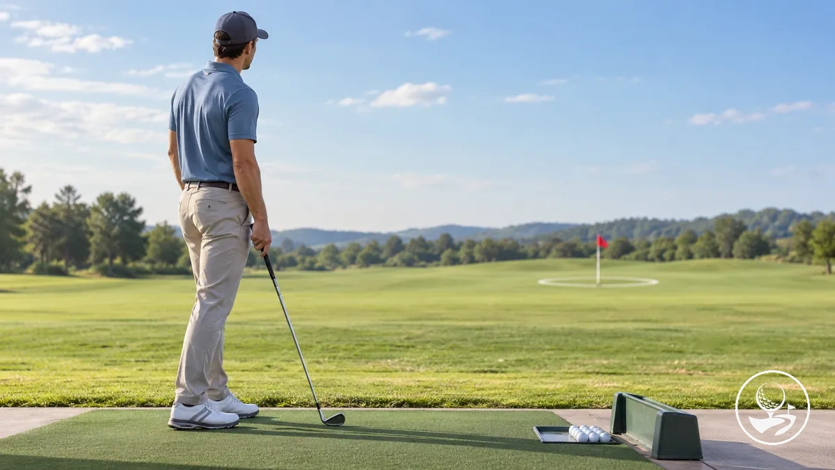Golfista iniciante praticando com um alvo definido e feedback observável