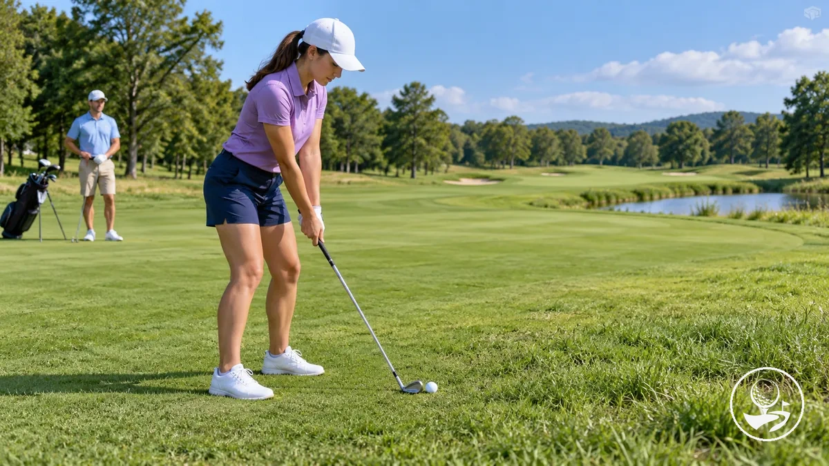Golfista iniciante jogando a bola como ela jaz enquanto outro jogador aguarda sua vez