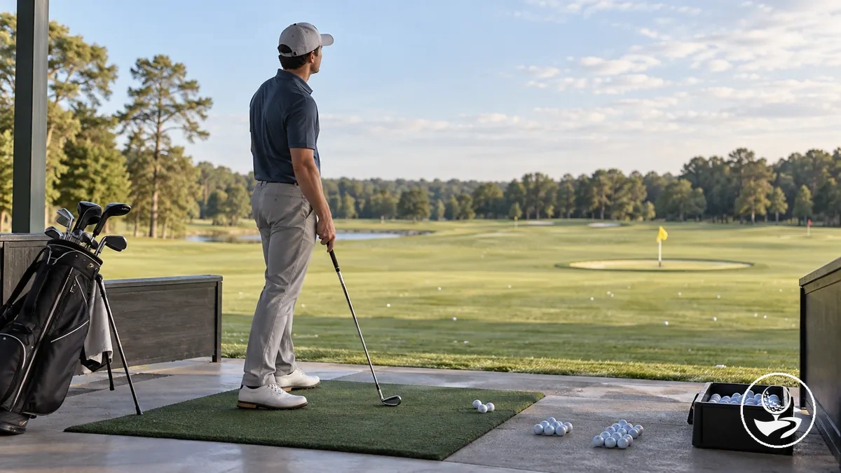 Golfista iniciante seguindo uma sequência estruturada de prática em um campo de prática