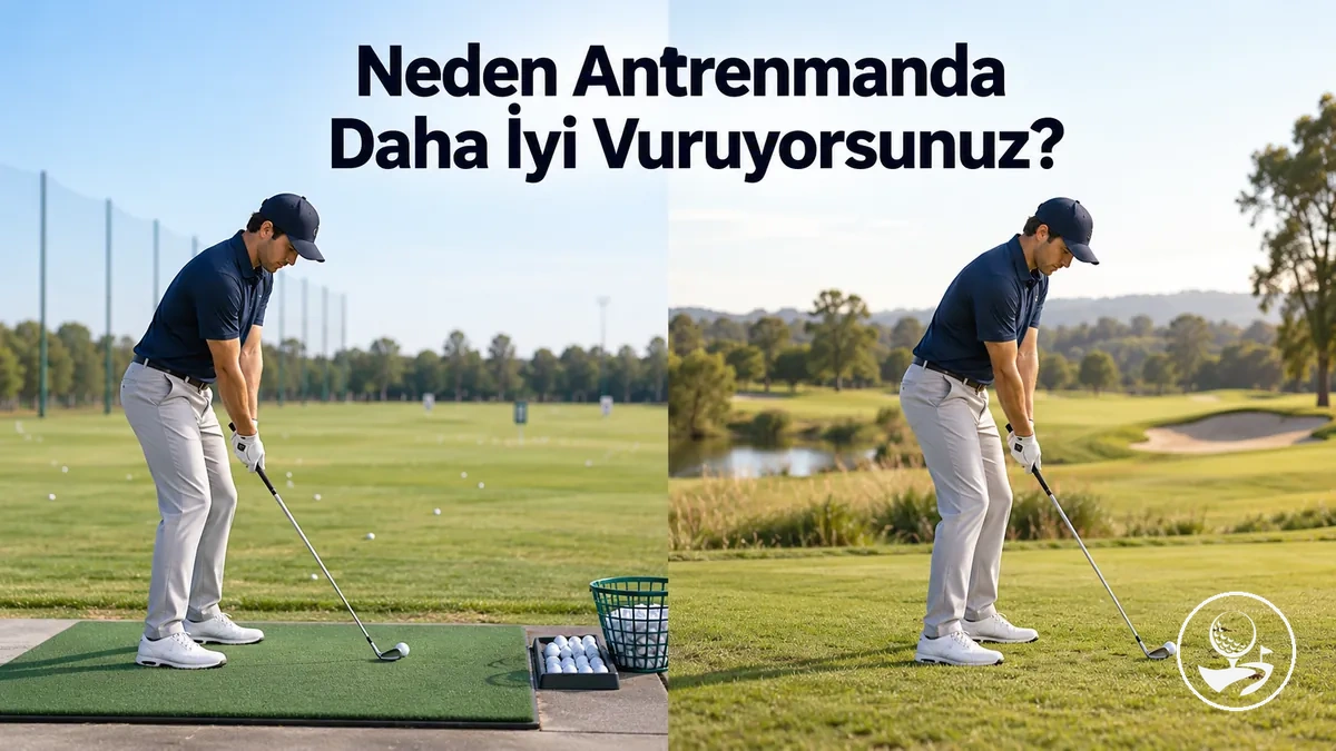 Antrenman sahası ile golf sahasındaki performansını karşılaştıran yeni başlayan bir golfçü