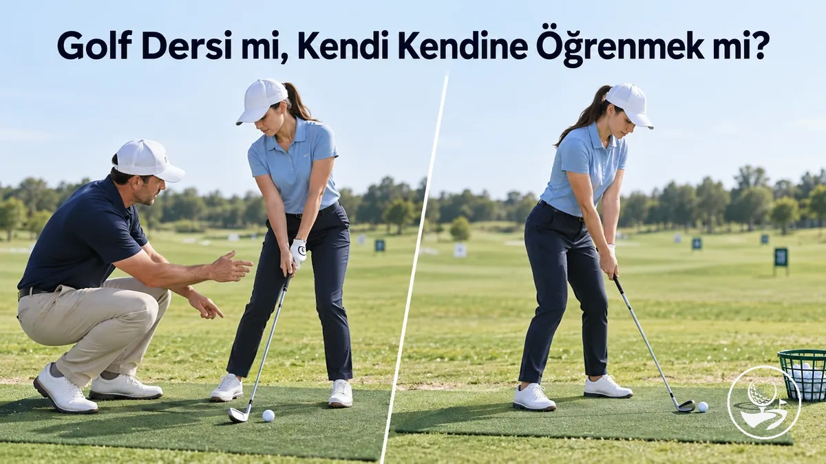 Golf dersi ile kendi kendine çalışmayı karşılaştıran yeni başlayan bir golfçü