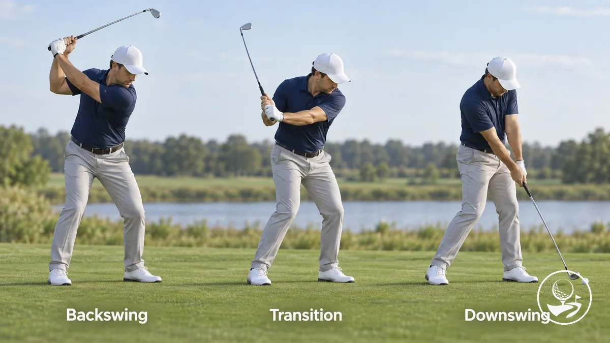 Yeni başlayan golfçü topa doğru koordineli aşağı salınıma geçiyor.