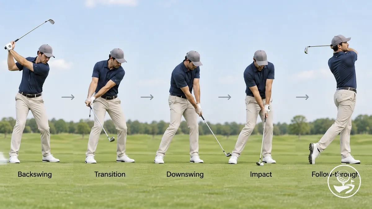 Yeni başlayan golfçü için geri salınımdan vuruş anına ve dengeli takip hareketine kadar swing dizisi.