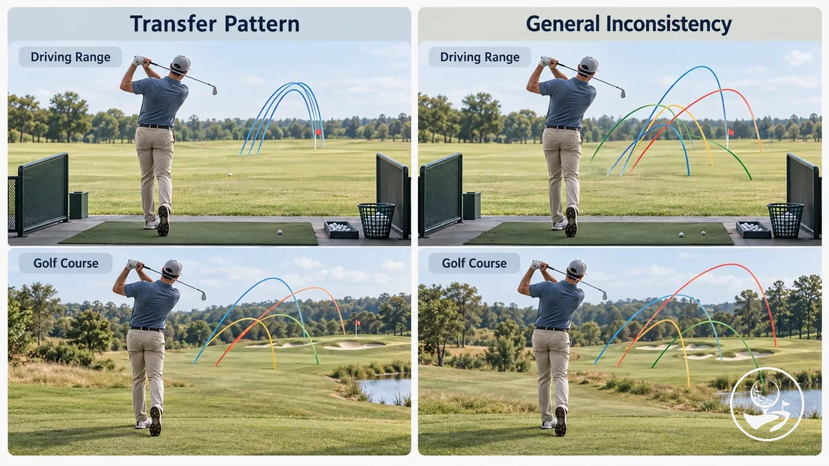 Golf sahasında görülen performans düşüşü ile her iki ortamda da görülen genel vuruş tutarsızlığının karşılaştırması